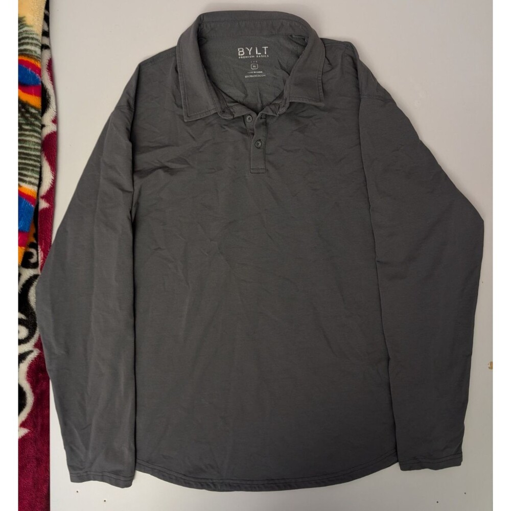 BYLT Premium Basics Men XL Gray LUX Drop-Cut Long Sleeve Polo Shirt Charcoal